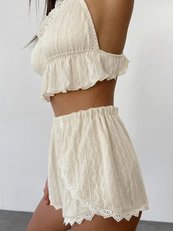 Laid-back Summer Textured 2-Piece Loungewear - Boyshorts & Cami with Lace