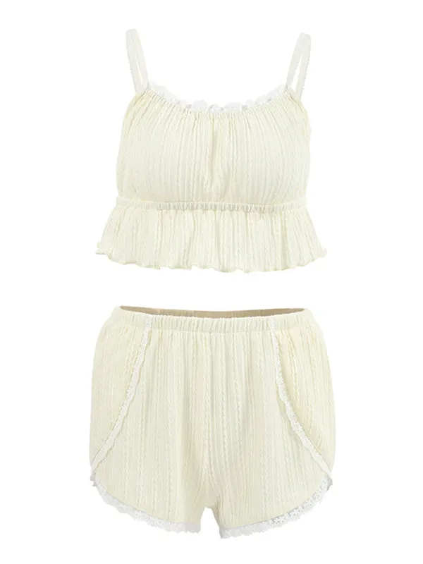 Laid-back Summer Textured 2-Piece Loungewear - Boyshorts & Cami with Lace