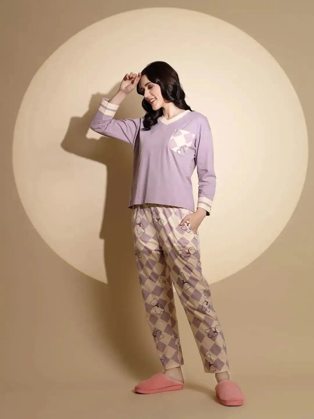 Lavender Hosiery Solid Top & Pyjama Night Suit Set