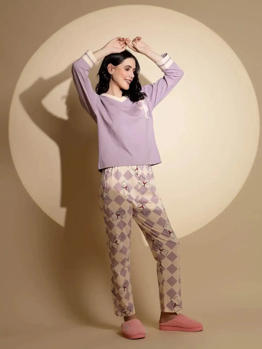 Lavender Hosiery Solid Top & Pyjama Night Suit Set