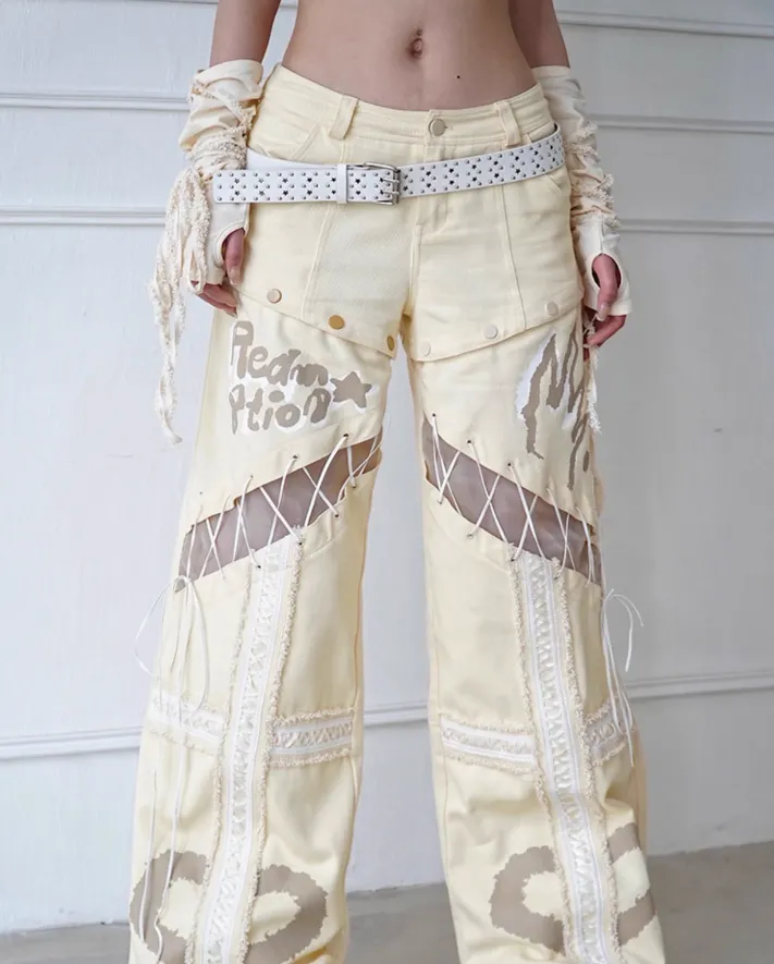 Light Beige Hollow Straps Detachable Versatile Jeans WSW0016