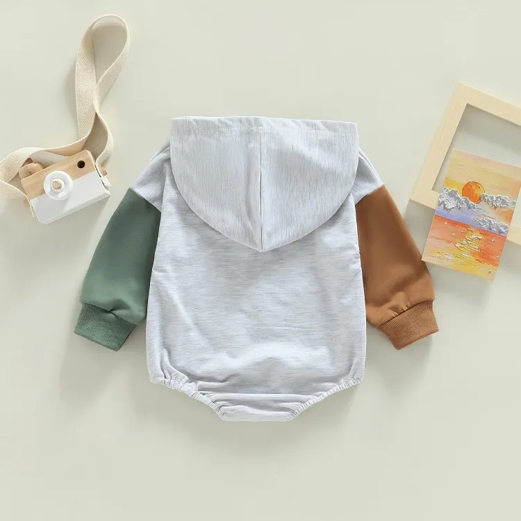 Long Sleeve Two-Color Hooded Baby Romper