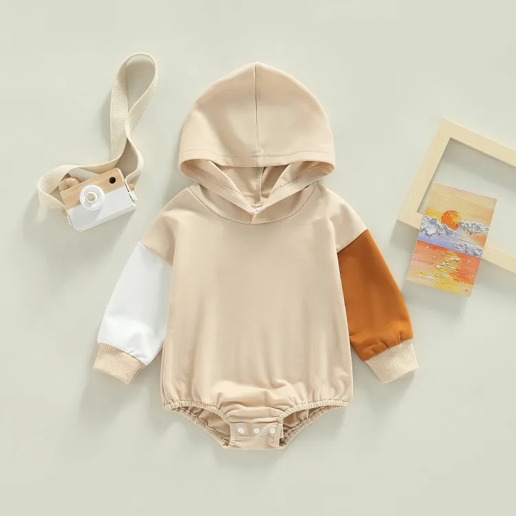 Long Sleeve Two-Color Hooded Baby Romper