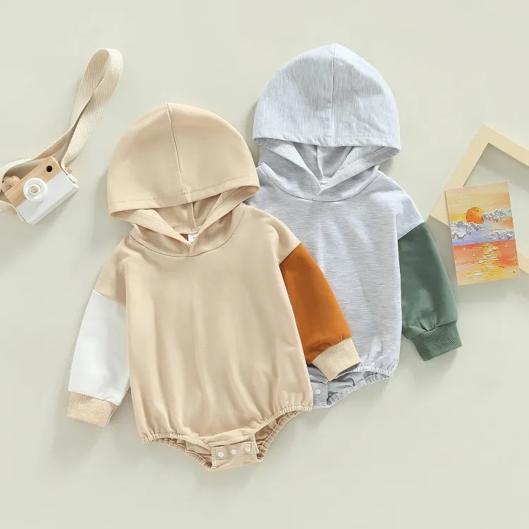 Long Sleeve Two-Color Hooded Baby Romper