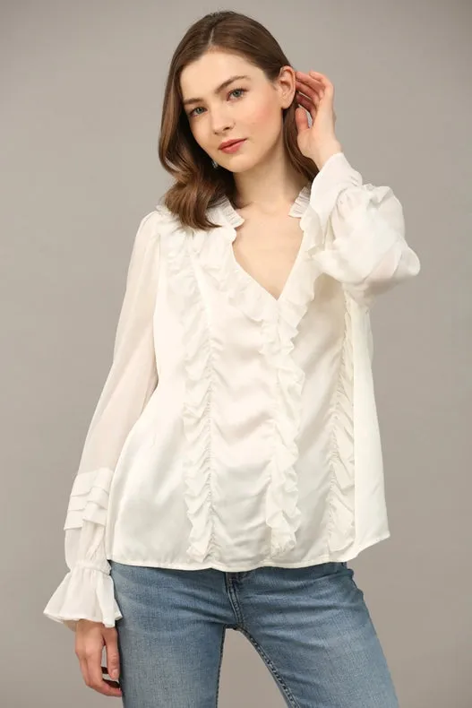 Mixed Media Ruffle Detail Split Neck Blouse