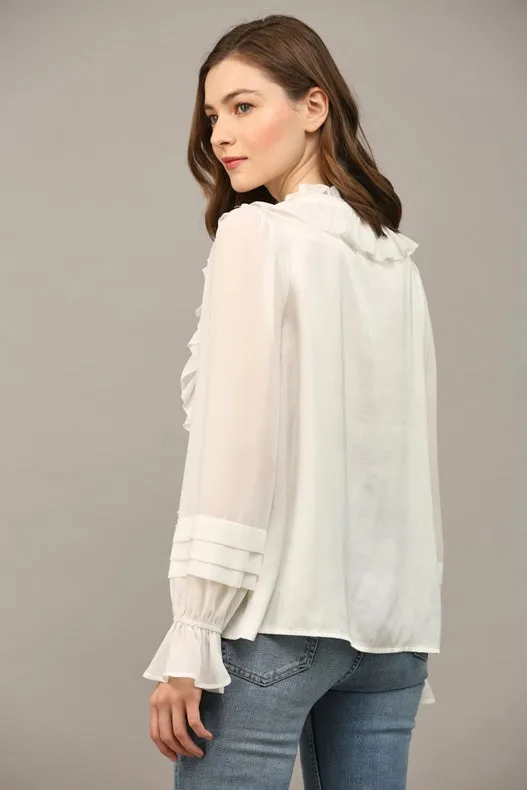 Mixed Media Ruffle Detail Split Neck Blouse