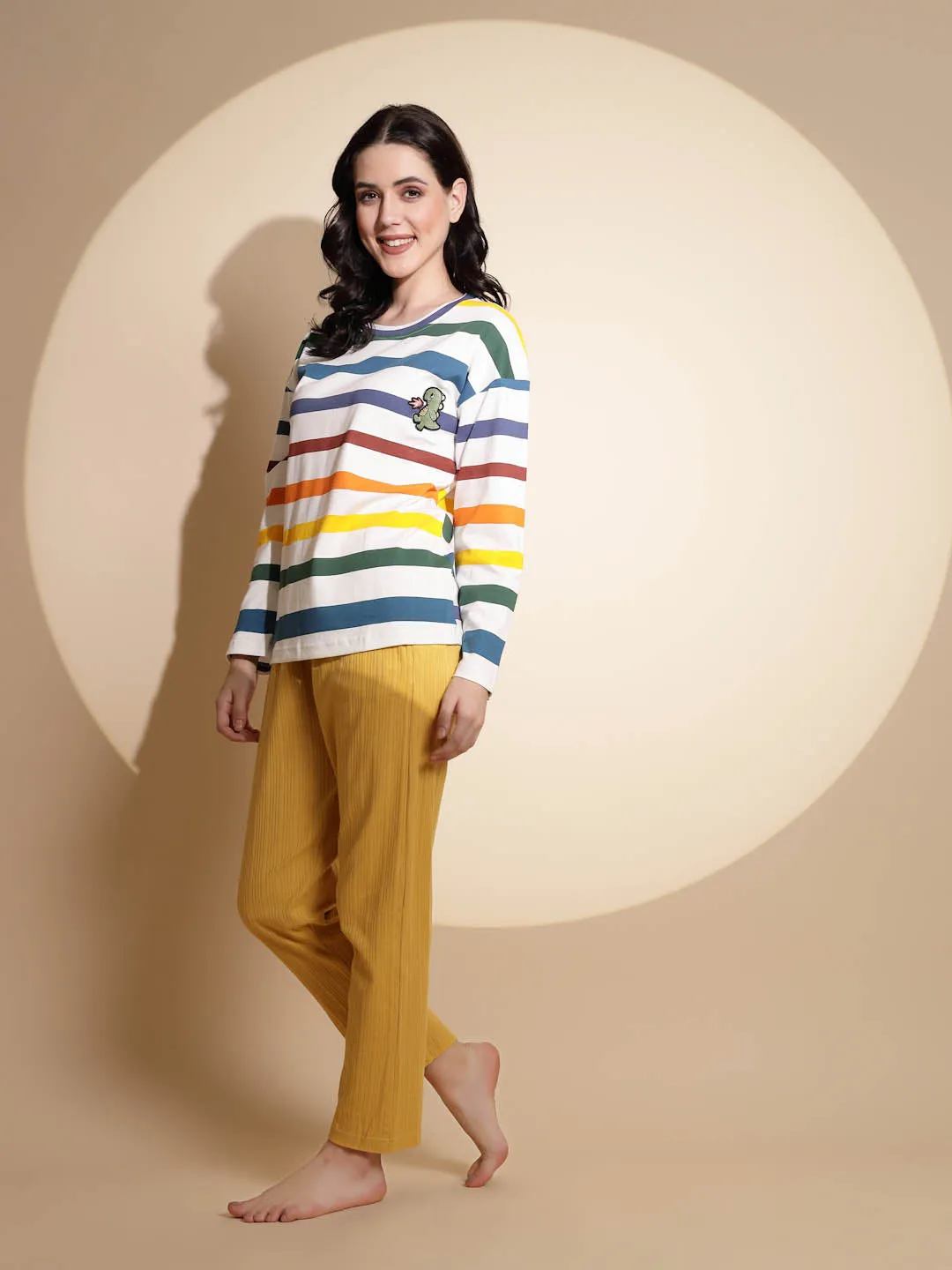 Multicolor Hosiery Full Sleeve  Striped Top & Pyjama Night Suit Set