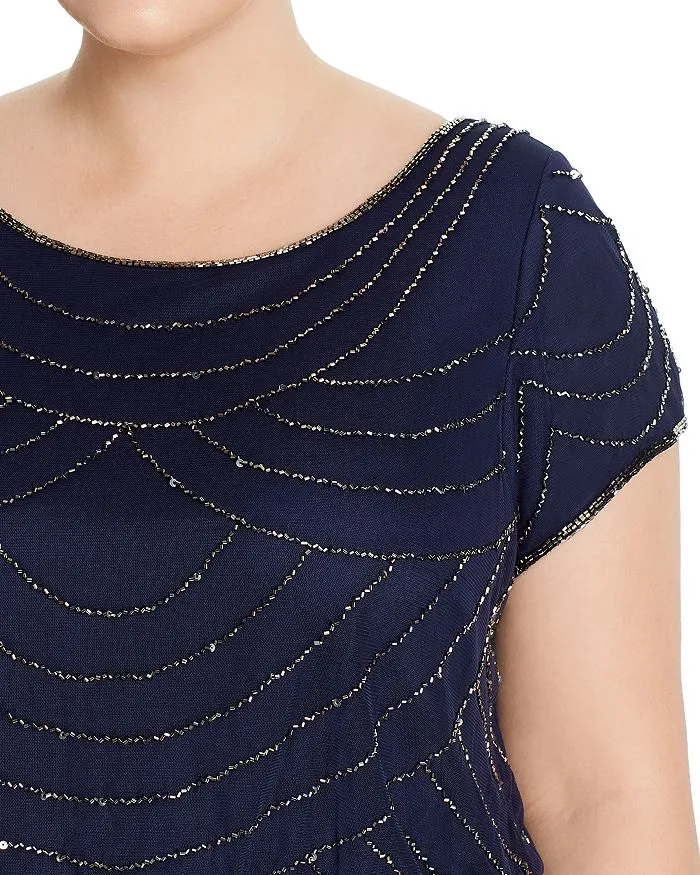 Navy Wavy Sequins Short Sleeves Gown