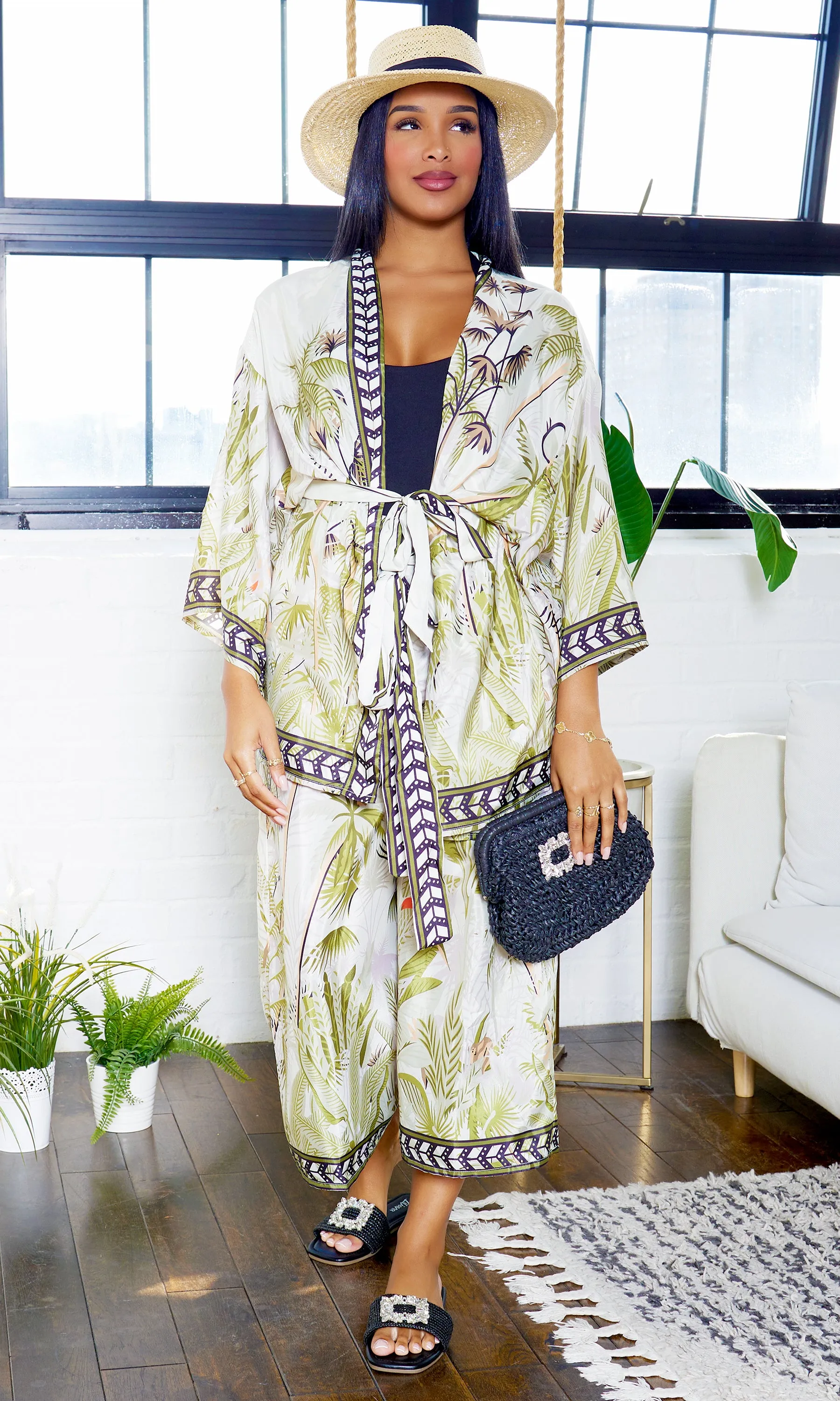 Oasis Printed Kimono Cover-Up Pants Set