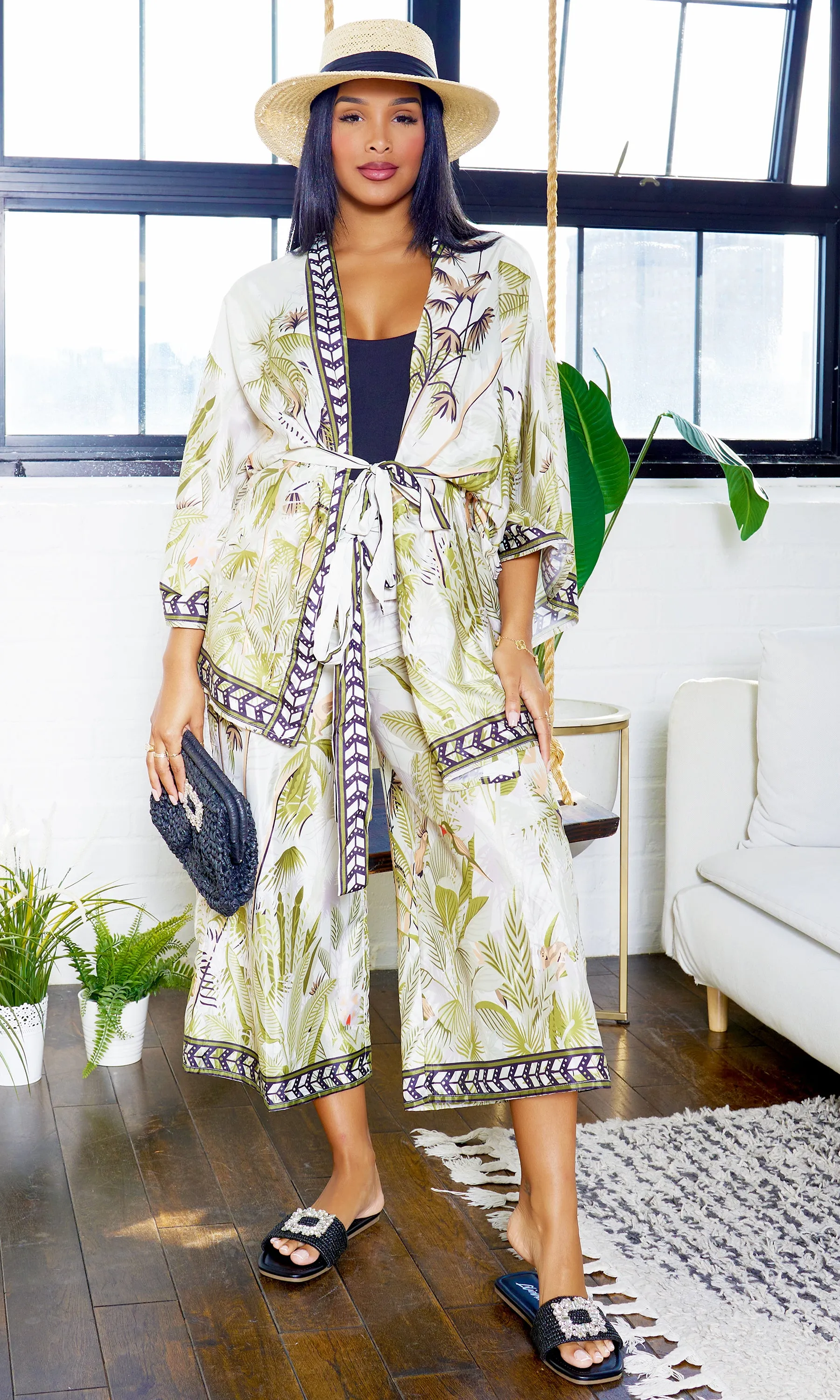 Oasis Printed Kimono Cover-Up Pants Set