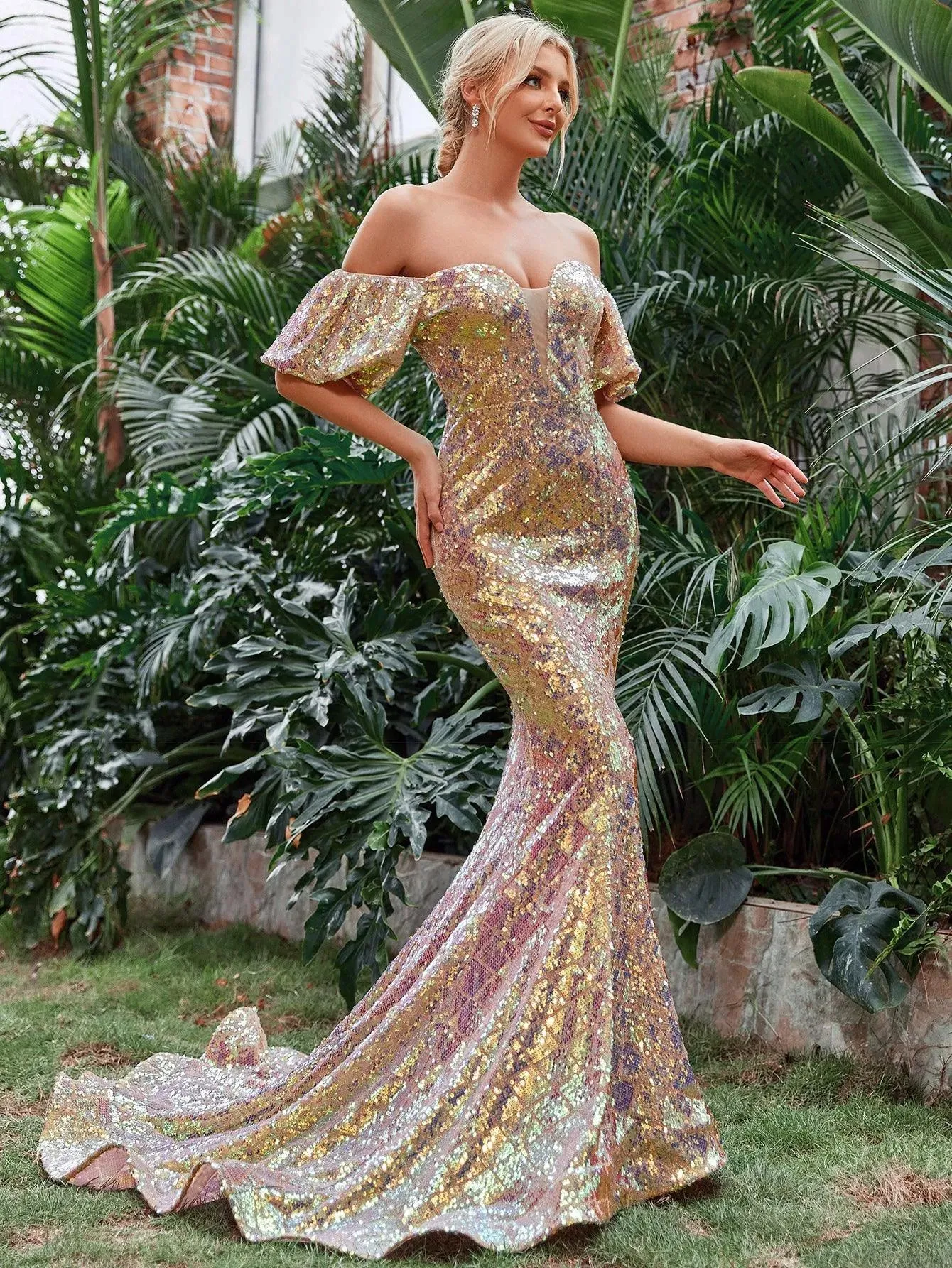 Off Shoulder Puff Sleeves Sequin Mermaid Dresses