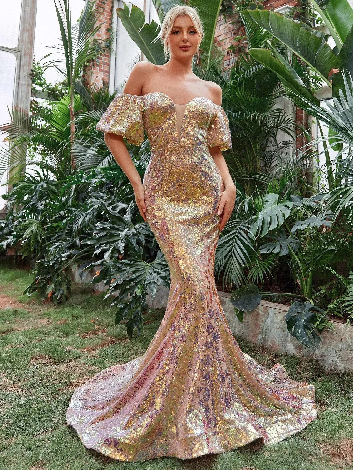 Off Shoulder Puff Sleeves Sequin Mermaid Dresses