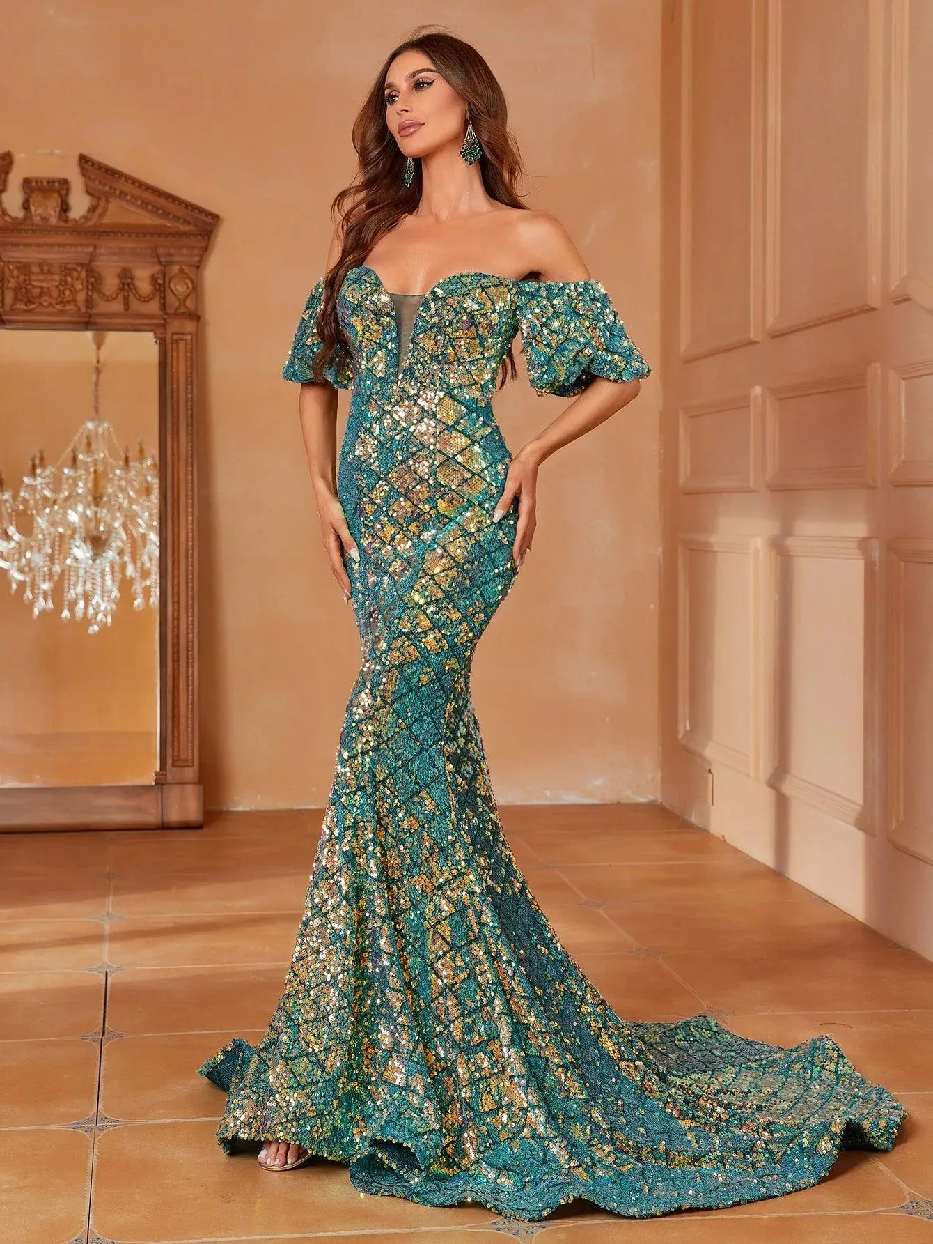 Off Shoulder Puff Sleeves Sequin Mermaid Dresses