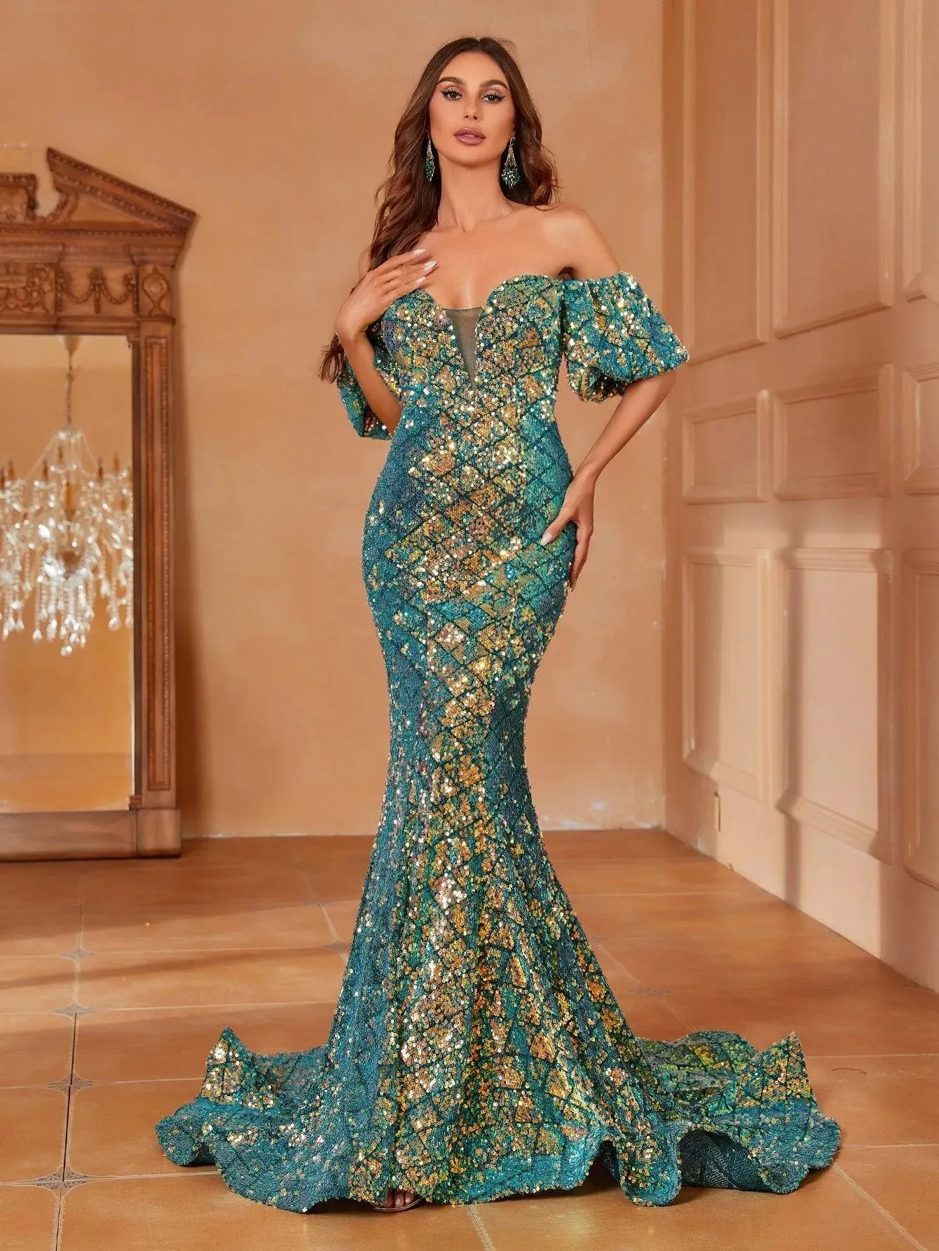 Off Shoulder Puff Sleeves Sequin Mermaid Dresses