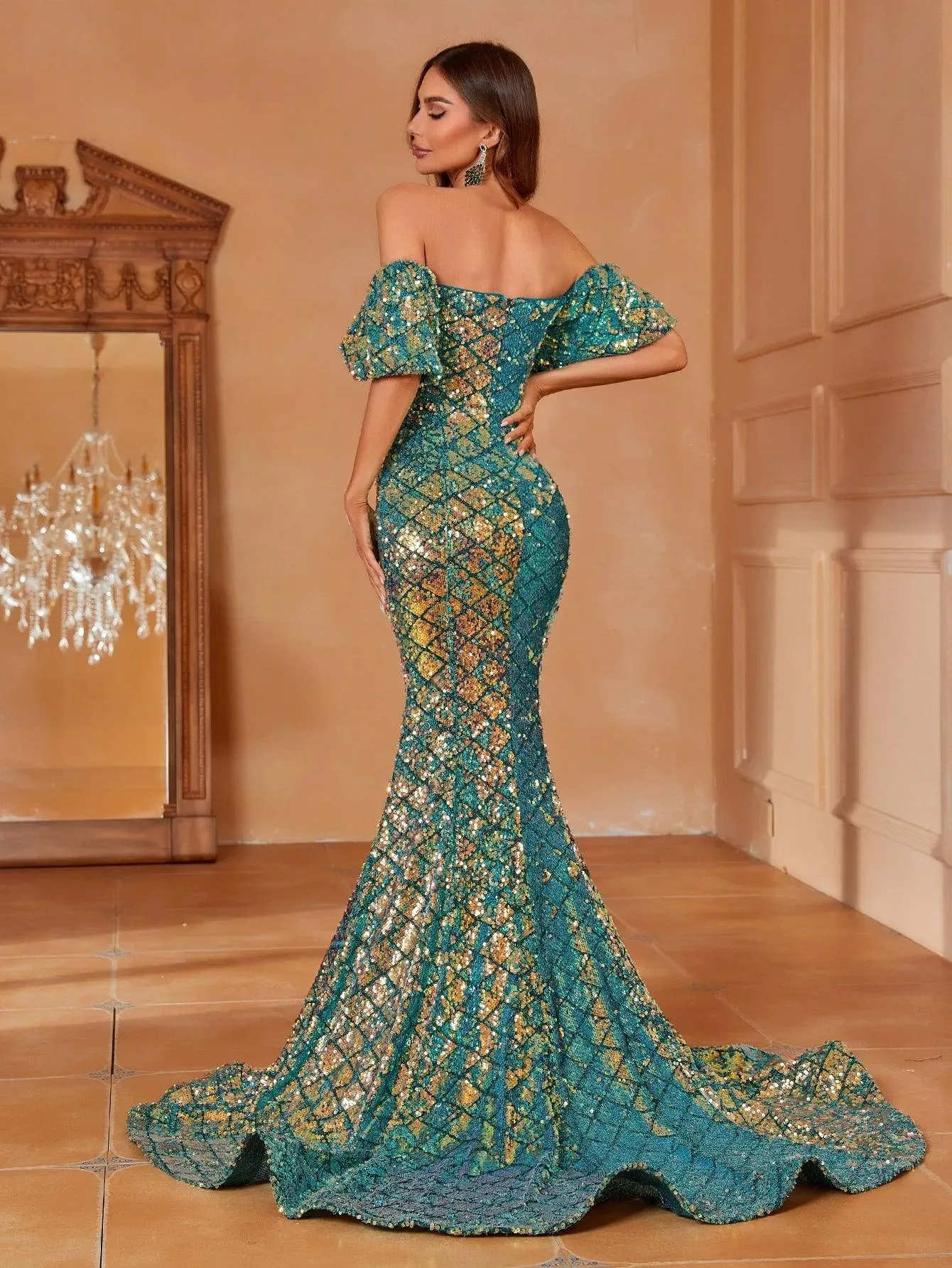 Off Shoulder Puff Sleeves Sequin Mermaid Dresses