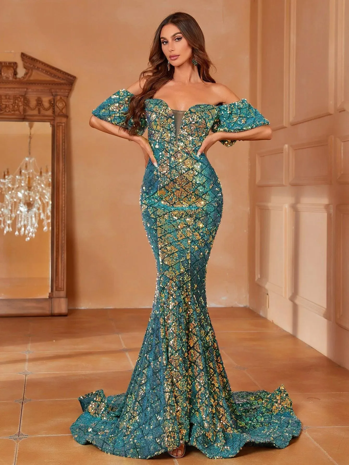 Off Shoulder Puff Sleeves Sequin Mermaid Dresses