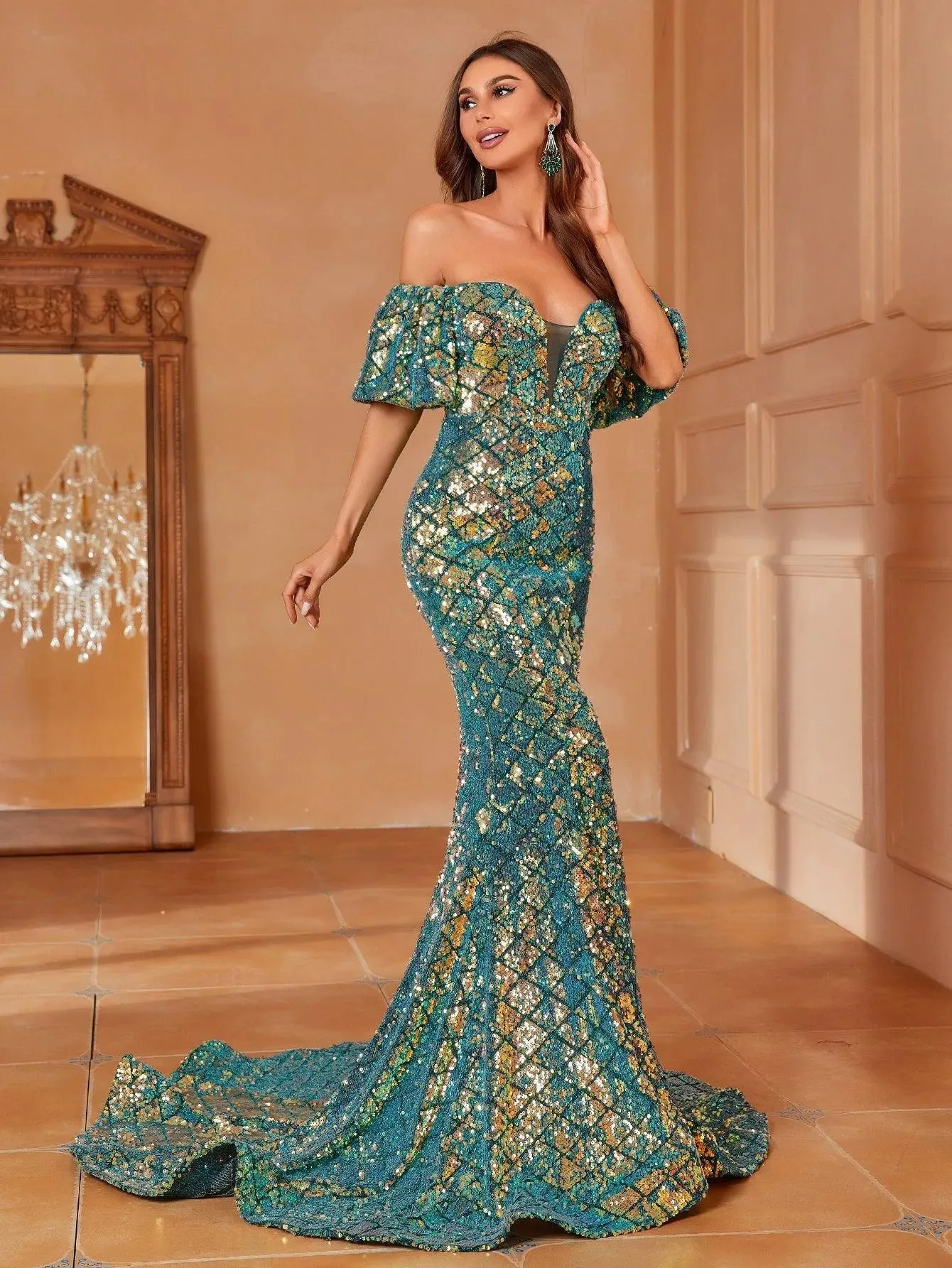 Off Shoulder Puff Sleeves Sequin Mermaid Dresses