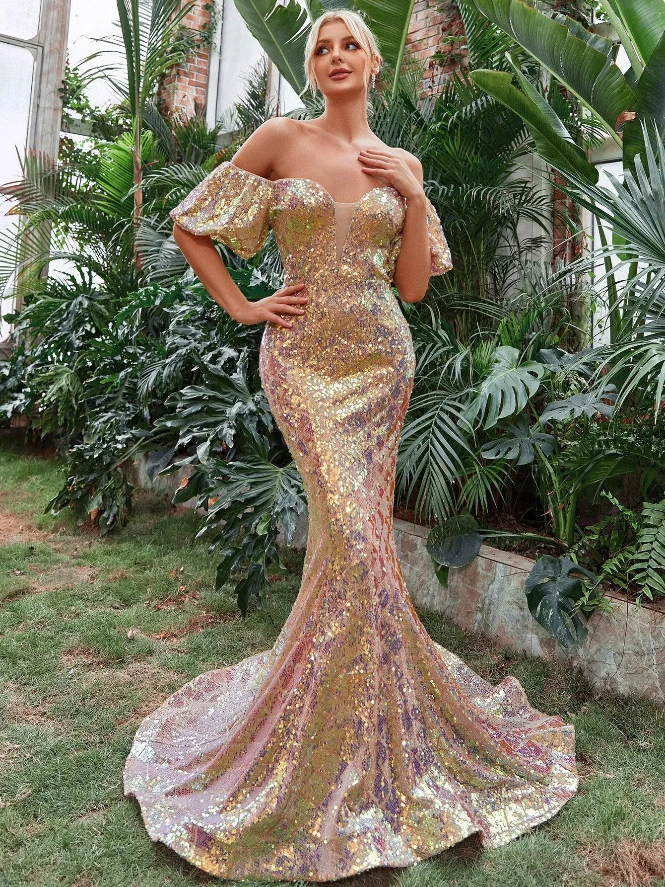 Off Shoulder Puff Sleeves Sequin Mermaid Dresses