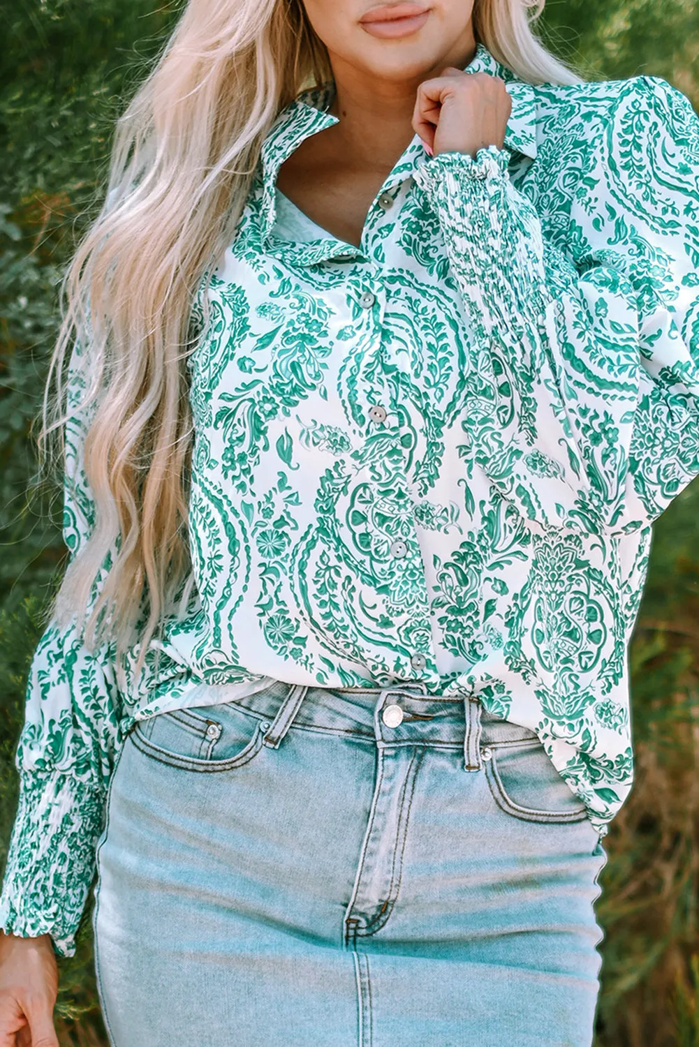 Paisley Print Smocked Cuff Loose Shirt