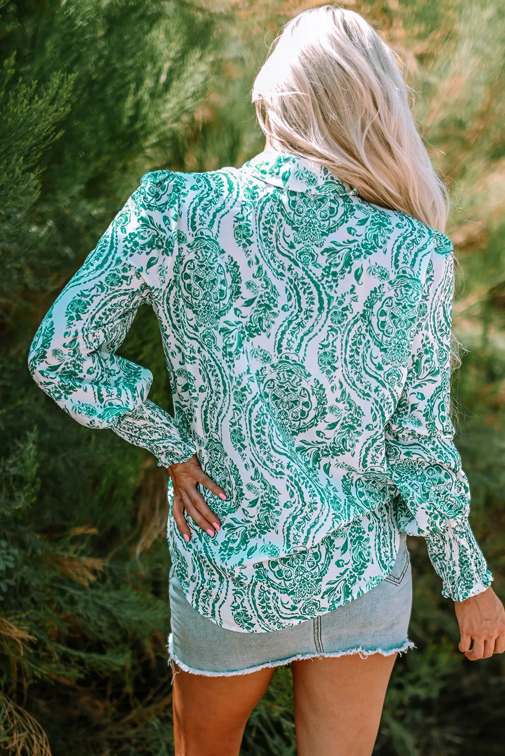 Paisley Print Smocked Cuff Loose Shirt