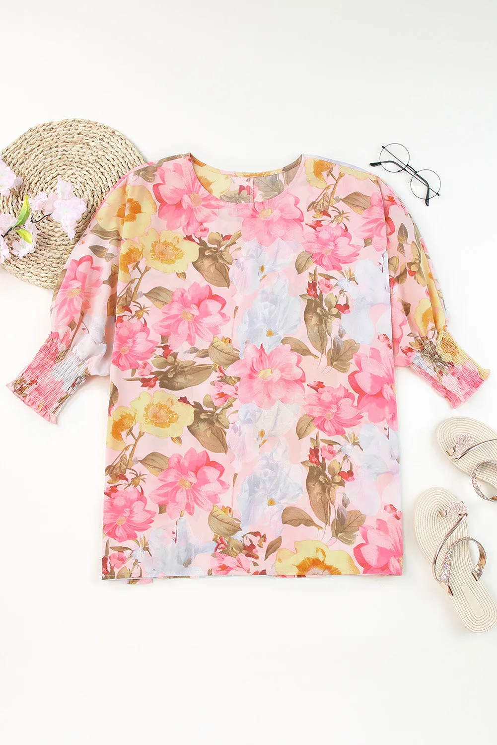 Pink Shirred Cuff 3/4 Sleeve Loose Fit Floral Blouse