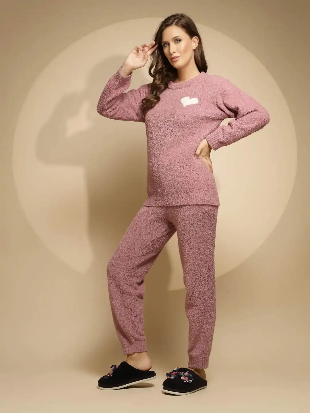 Pink Solid Full Sleeve Round Neck Polyester Night Suit