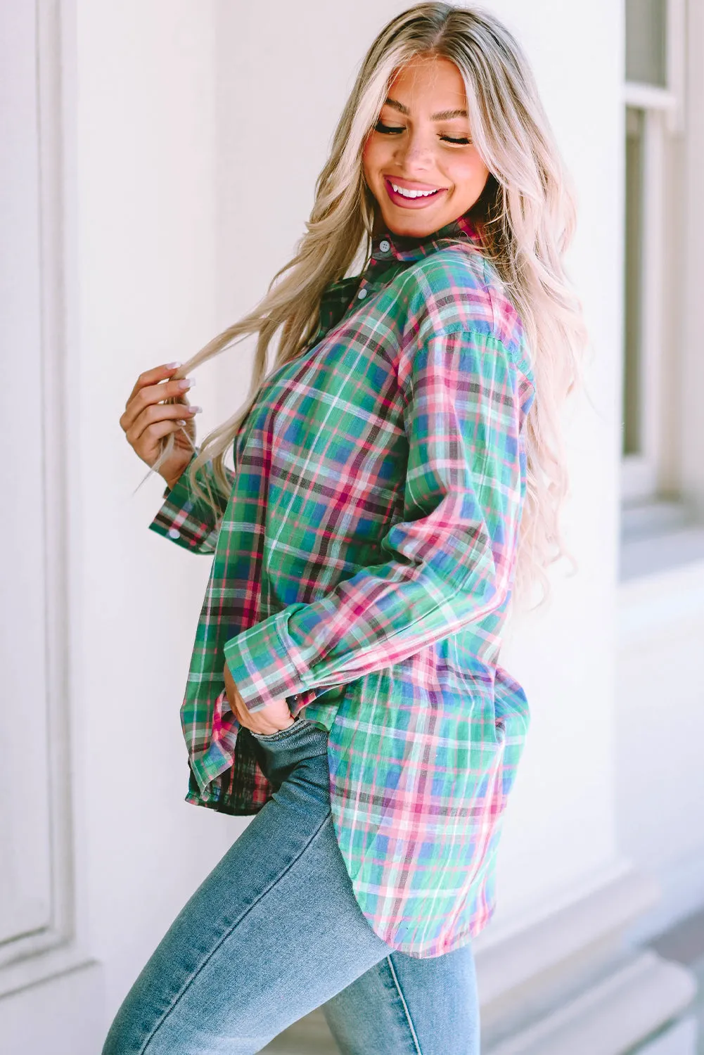 Plaid Long Sleeve Split Shirt