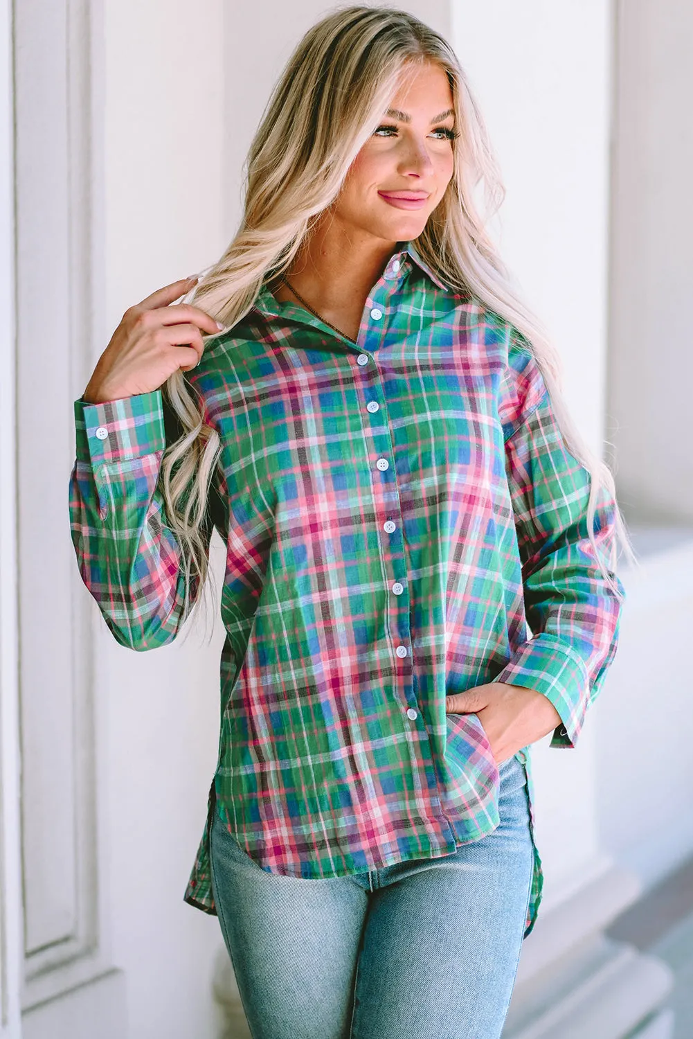 Plaid Long Sleeve Split Shirt