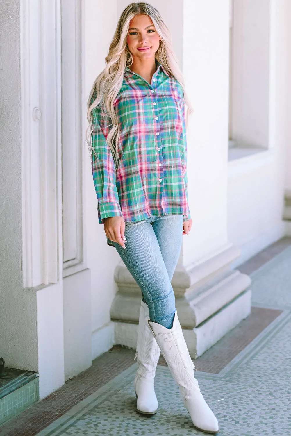 Plaid Long Sleeve Split Shirt