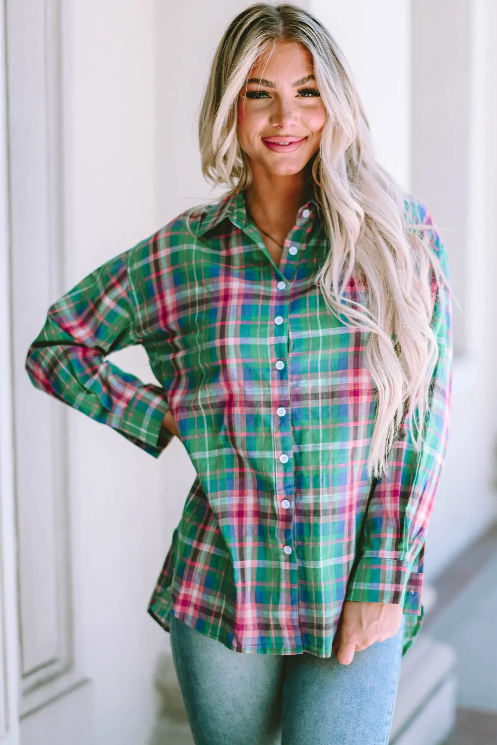 Plaid Long Sleeve Split Shirt