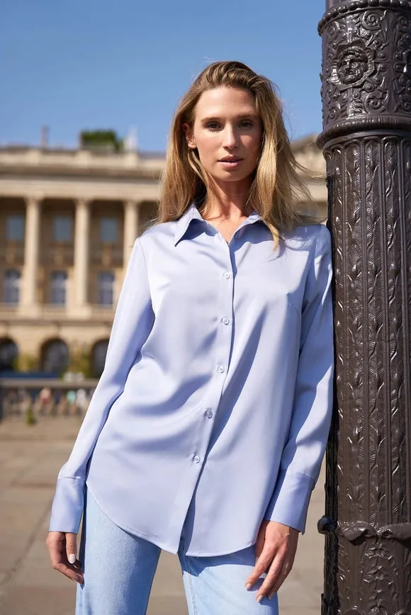 Plain Satin Shirt with Lapel Colla Sky Blue