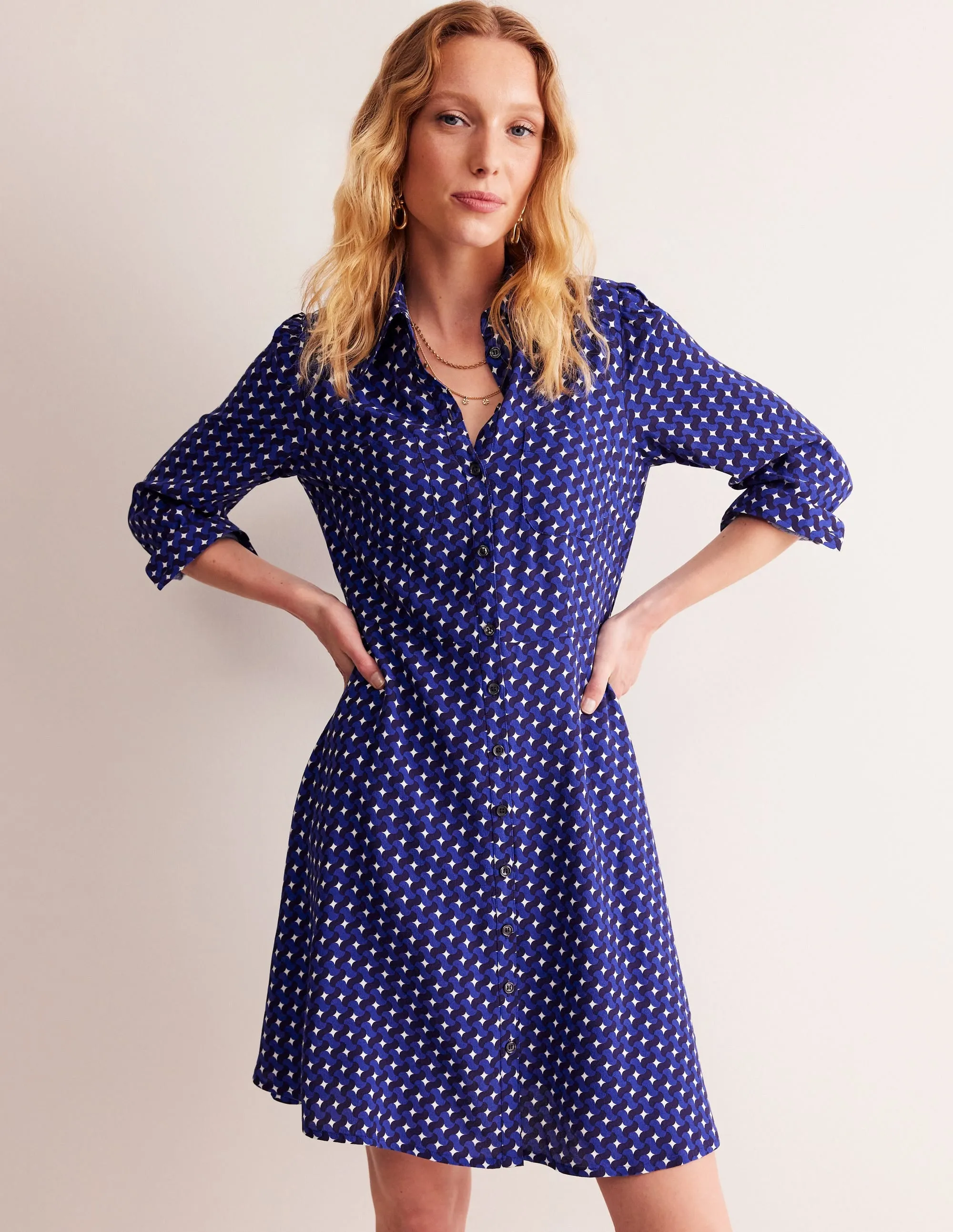 Pocket Detail Shirt Dress-Mazarine Blue, Terrace Swirl