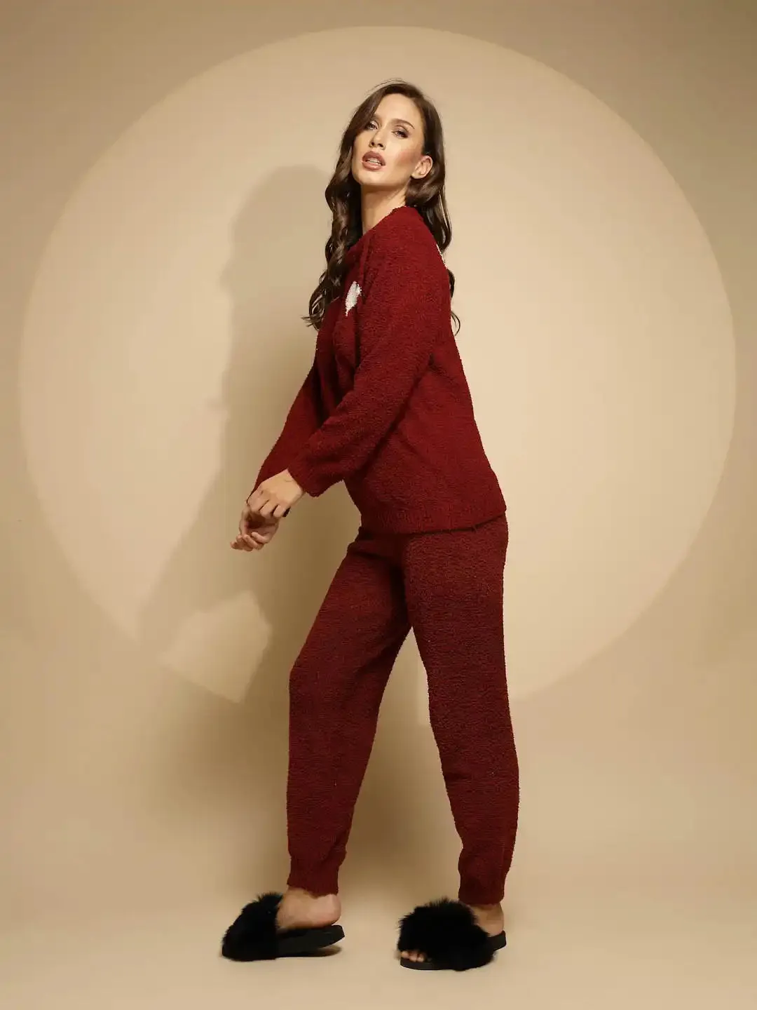 Red Solid Full Sleeve Round Neck Night Suit