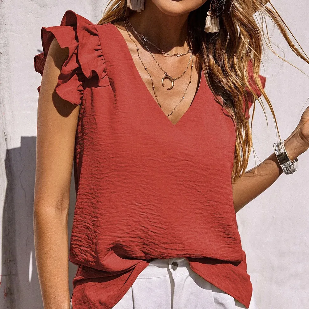 Sleeveless Versatile V-Neck Ruffle Solid Color Top Wholesale Women'S Top