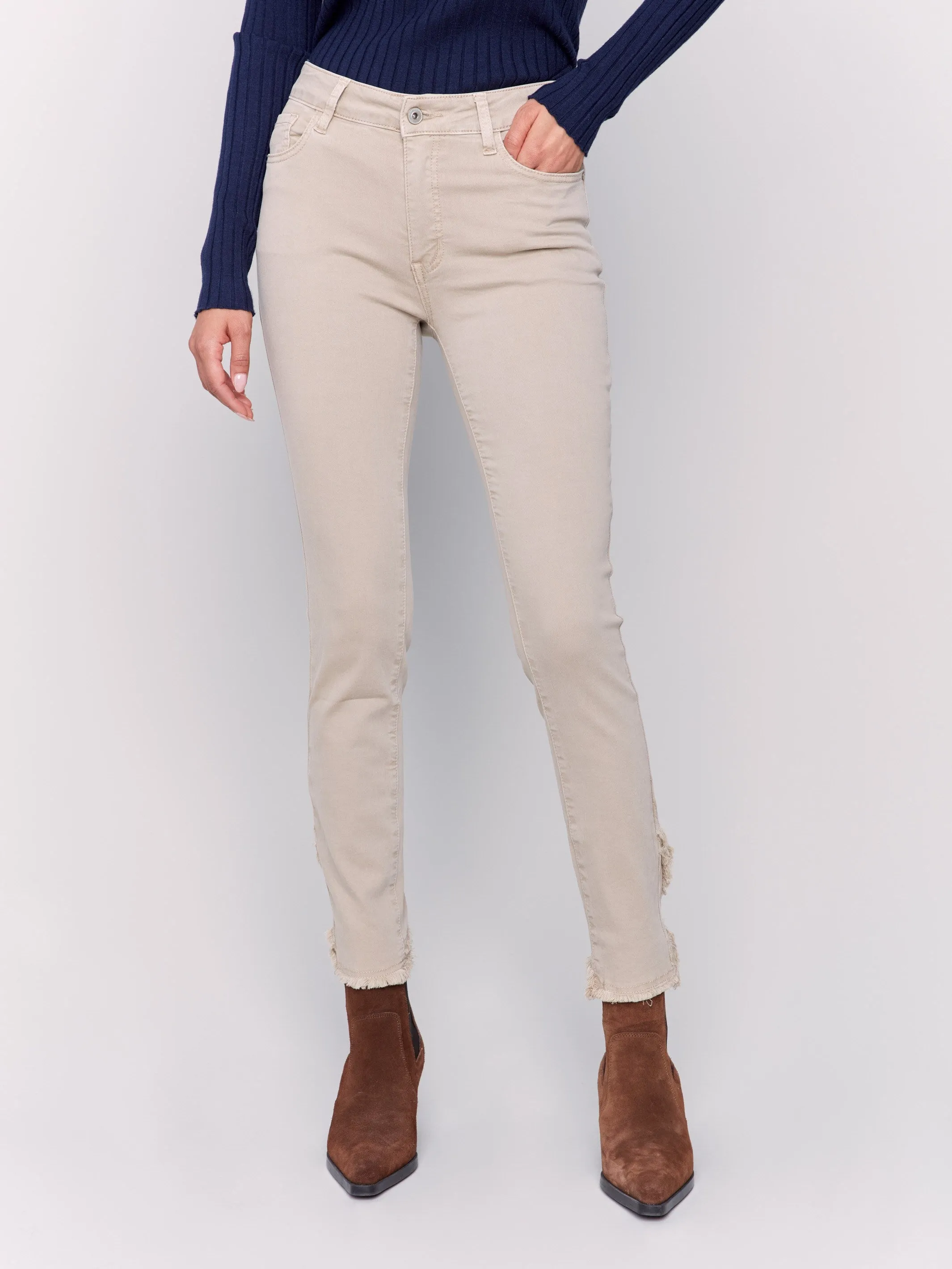 Slim Fit Twill Pants with Frayed Tulip Hem - Almond