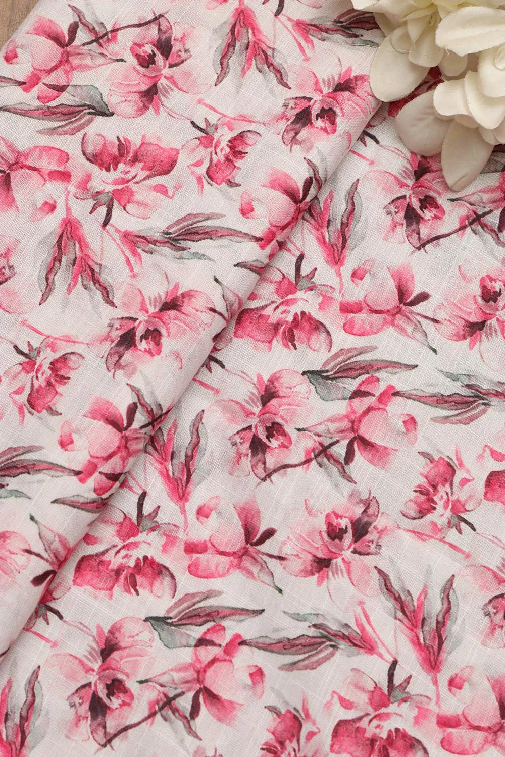 Soft Pink Wrinkle Free Cotton Linen Digital Printed Fabric ( 1 Mtr )