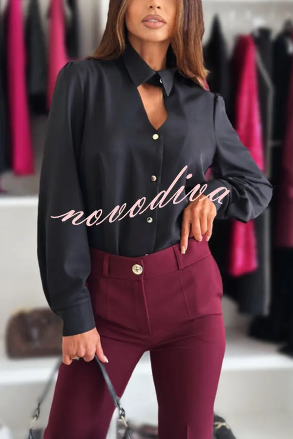 Solid Color Lapel Long Sleeve Versatile Hollow Casual Shirt