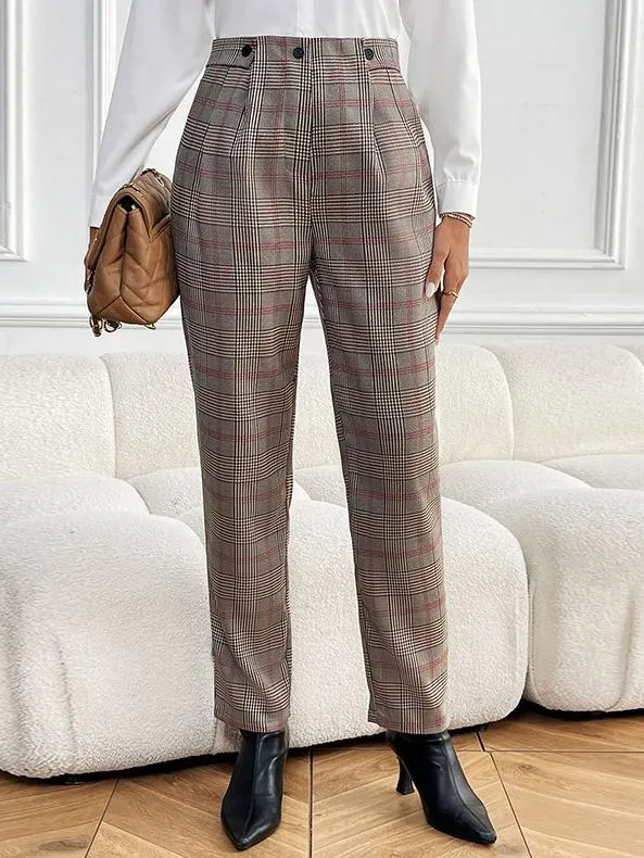 Stylish Commuter Belted Plaid Slim Pants