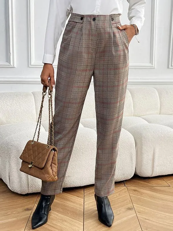 Stylish Commuter Belted Plaid Slim Pants