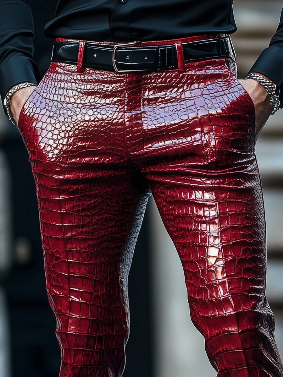 Stylish Red Crocodile Leather Pants