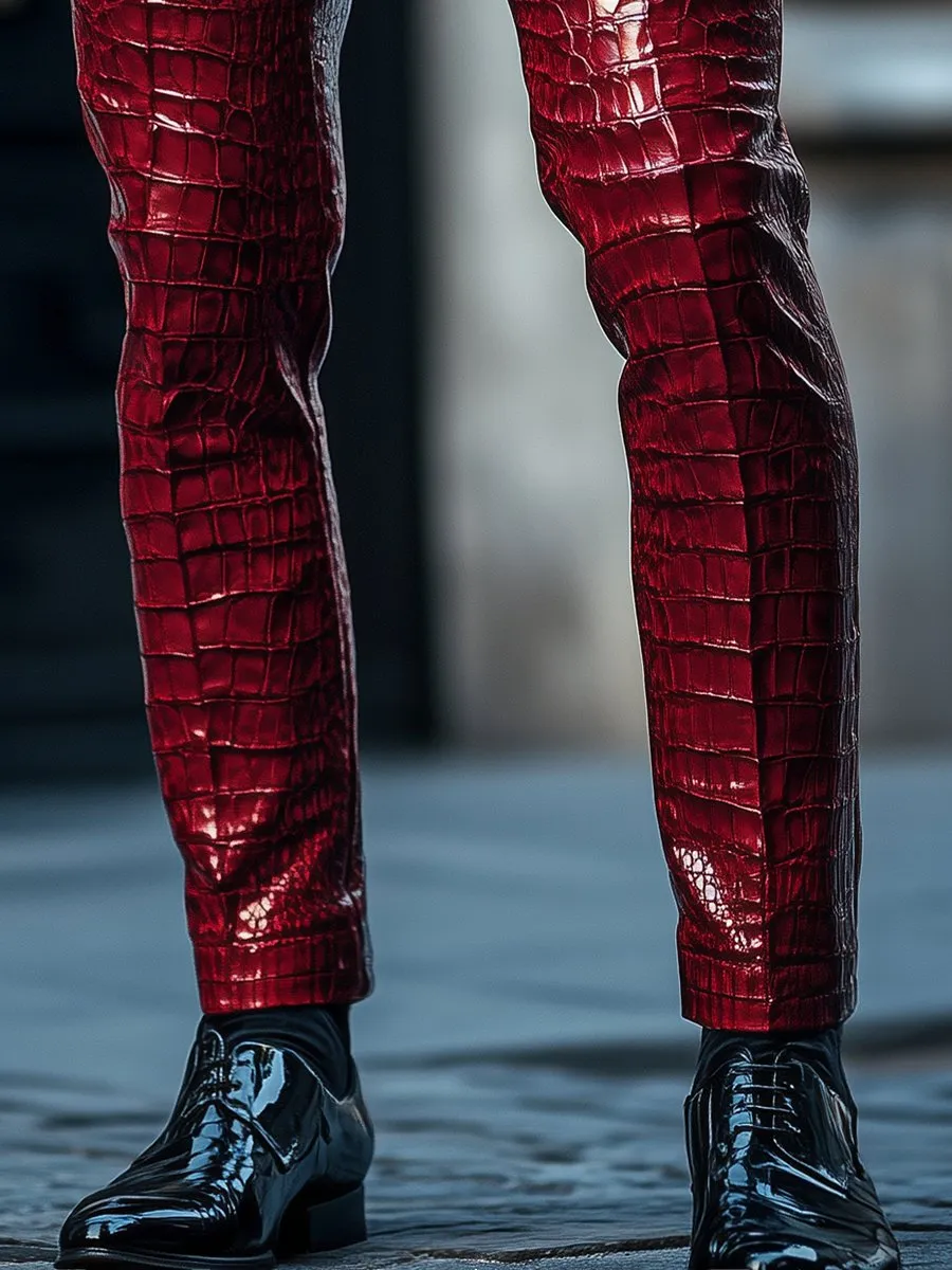 Stylish Red Crocodile Leather Pants