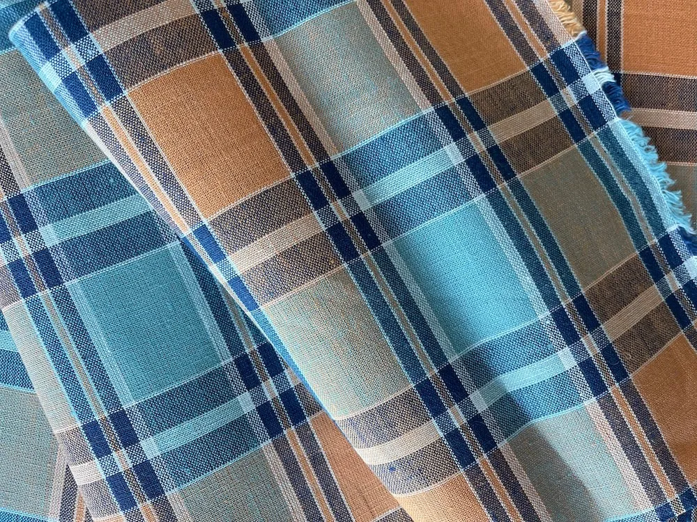 Summery Aqua, Navy & Mango Plaid Linen (Made in Ireland)