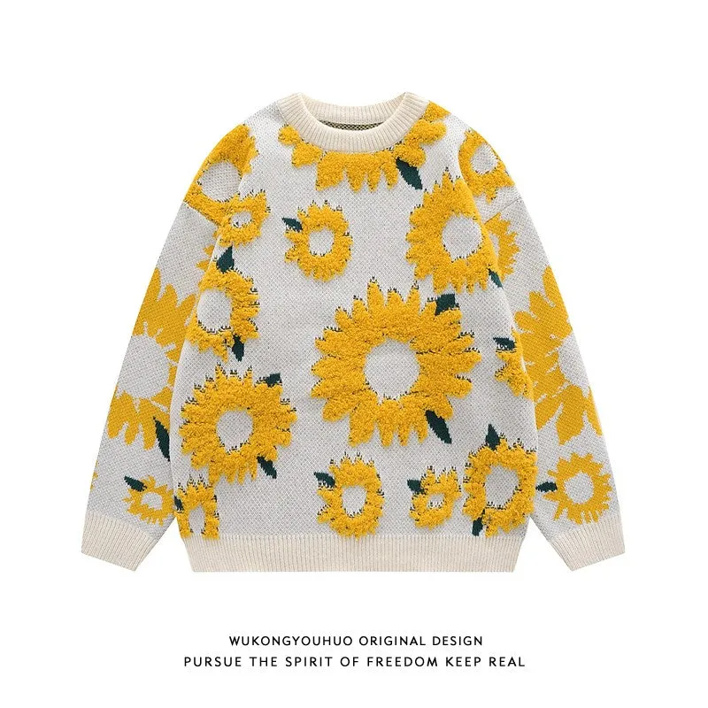 Trendy brand sunflower flocking round neck sweater men street loose couple knitted tops