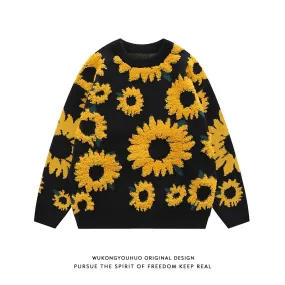 Trendy brand sunflower flocking round neck sweater men street loose couple knitted tops