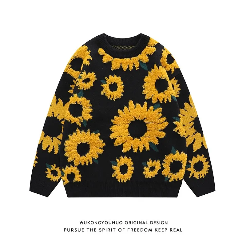 Trendy brand sunflower flocking round neck sweater men street loose couple knitted tops