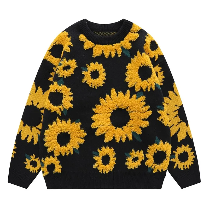 Trendy brand sunflower flocking round neck sweater men street loose couple knitted tops