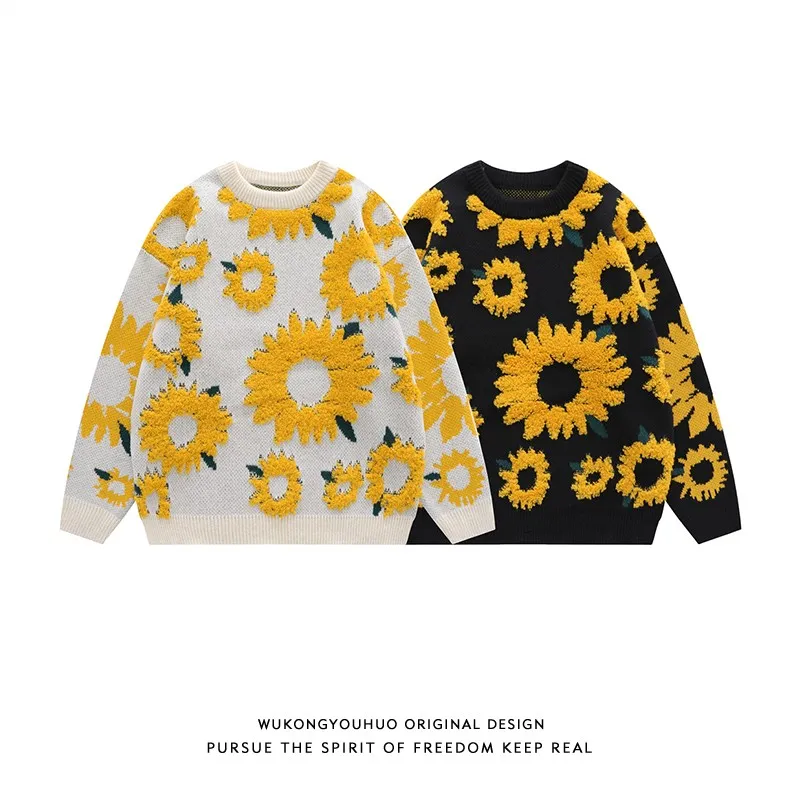 Trendy brand sunflower flocking round neck sweater men street loose couple knitted tops