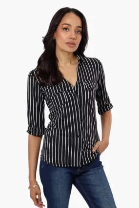 Urbanology Striped Flap Pocket Button Down Shirt - Black