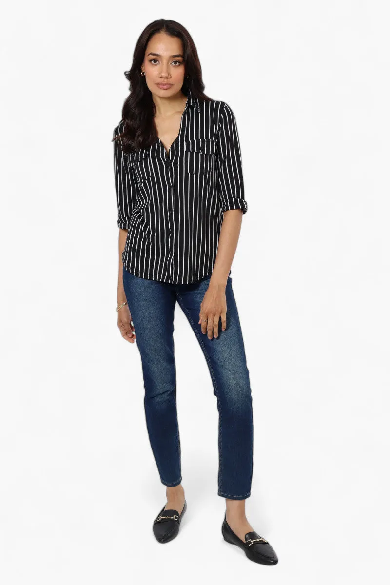 Urbanology Striped Flap Pocket Button Down Shirt - Black