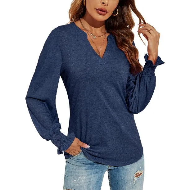 V-Neck Pullover Womens Blouses Casual Puff Sleeve T-Shirts